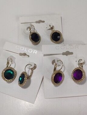 COLOR Gold Tone Faceted Drop Earrings Bundle Purple Green Black New on Cards
